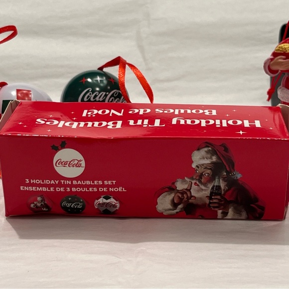COCA-COLA Cineplex Santa Claus Ornaments Holding Popcorn + 3 Tin Holiday Baubles - Picture 6 of 13